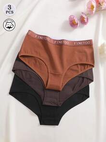 Set de 3 bragas de mujer de algodón de unicolor, cómodas y sexys con cintura alta y estampado de letras, adecuadas para el Día de San Valentín, días festivos, deportes y uso diario - Multicolor - Ver 3