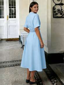 Đầm nữ dáng lửng cổ chữ V, thắt eo, màu trơn, màu xuân hè 2026, kiểu dáng thanh lịch, trang trí khóa kim loại, phù hợp cho các buổi đi chơi mùa xuân, phong cách đường phố, trang phục mùa hè, thời trang Y2K, trang phục đi nghỉ mát, đầm nữ thanh lịch, trang phục lễ hội âm nhạc, trang phục tốt nghiệp. - Màu xanh lam - Xem 6