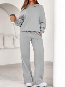 Womens Sweatsuits 2 Piece Set Casual Winter Long Sleeve Hoodie Loose Wide Leg Sweatpants Fall Tracksuit Spring Fall Clothes For Women Valentine Vacation Outfits Women - 灰色 - 查看 6