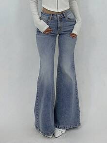 Y2K风格喇叭牛仔裤，高腰修身优雅女裤，弹力水洗蓝色牛仔长裤，街头时尚休闲春季单品 - 復古藍 - 查看 5