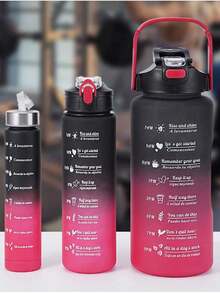 3个装塑料水瓶套装，带吸管，渐变色，带容量刻度，户外便携运动水杯 - 黑紅漸變 - 查看 16