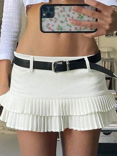Women's Low Waist Pleated Mini Skirt With Belt & Ruffle Hem A-Line Skirt, Suitable For Casual Daily Wear, Vacation, Street Style In Summer Spring