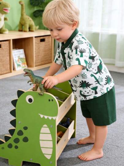 2pcs/Set Toddler Boys' Dinosaur All-Over Print Outfit - Contrast Collar Button Short Sleeve Shirt + Solid Dark Green Shorts, Casual & Playful Style