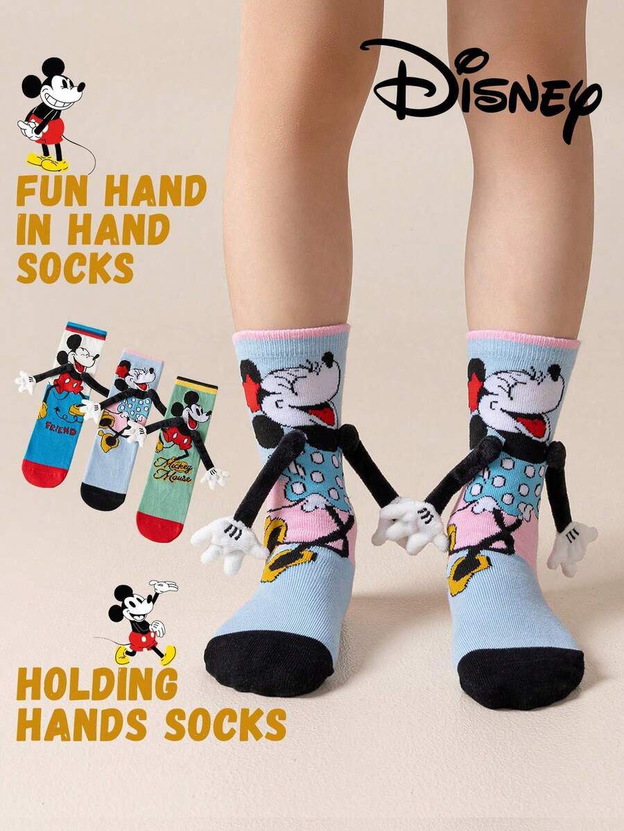 Disney 3双可爱3D手柄袜，儿童圣诞节过膝袜，时尚儿童派对高筒袜，高品质礼物。返校季，趣味时尚小粉丝必备，家庭聚会圣诞礼物手柄袜，迪士尼袜子 - 彩色 - 查看 1