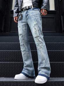 Men's Flared Jeans, Slim Fit Distressed Flare Leg Jeans, Y2K Stacked Jeans, Contrast Wash Embroidered Jeans, Suitable For All Seasons - Baby Blue - View 8