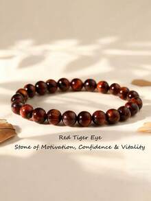 1pc Red Tiger's Eye Stretch Bracelet, Natural 8mm Gemstone Beaded Bracelet, Grounding & Confidence, Healing Crystal Energy Jewelry For Women Men, Gift For Her, Gift For Him - Burgundy - View 3