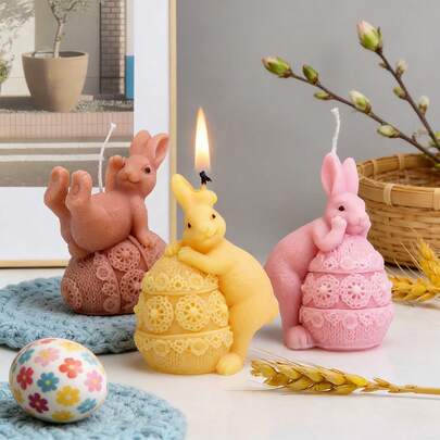 1pc Easter Bunny Egg Silicone Candle Mold - Cute Rabbit Lace Floral Yarn Egg Design With Expressive Posture, Durable & Easy-Clean Candle Making Mold For Candle Crafts, Resin Art, Plaster Casting - Perfect Gift For Animal Lovers, Soap Making, Crafting Supplies