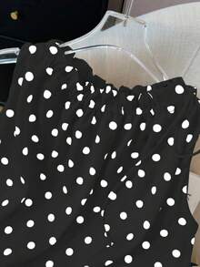 女士法式黑色波点缎面抽绳宽松吊带背心 - 黑色 - 查看 9