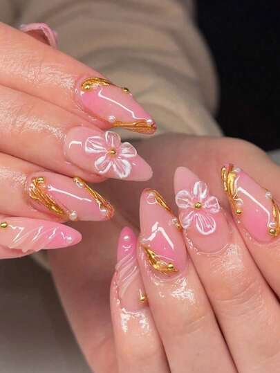 Y2K Flower Nail Art Acrylic 24Pcs Medium Almond Press On Nail Tips, DIY Art Gold Chrome 3D False Nail Set With White/Gold Beads For Salon Use, Girls & Ladies, Nail Supplies, Everyday Wear, Holiday Parties & Gifts