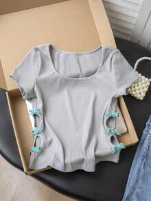 Women's Hollow Out Bow Tie Short Sleeve T-Shirt, Sexy Slim Fit Summer Top - Grey - View 7