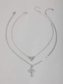 2件套时尚水钻镶嵌心形十字架项链，精致别致的十字架项链，情人节奢华礼物 - 銀色 - 查看 4