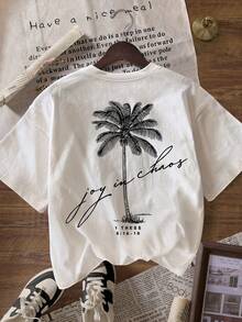 Kaos Wanita Ukuran Besar Motif Pohon Palem Musim Panas Pantai, Kasual Leher Bulat Lengan Pendek untuk Liburan - Aprikot - View 2