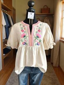 Floral Embroidered Cuff Short Sleeve Top, Vacation Style, Summer Fashion, Retro Style, Vneck Top, Soft Texture, Delicate Embroidery, Embroidered Blouse, Pullover Shirt,  Women - 米色 - 查看 2
