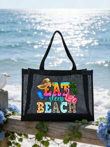 大容量网眼包套装，沙滩手提包，印有“Eat Sleep Beach”字母图案、椰子树和火烈鸟图案，沙滩风格，便携式镂空网眼单肩包，洗漱包，化妆包，化妆品收纳包，可折叠大容量沙滩包，防水防沙，适合海滩度假 - 彩色 - 查看 15