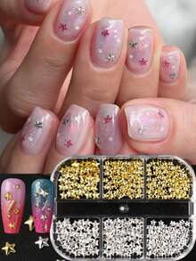 Hộp 6 chiếc phụ kiện trang trí móng tay hình ngôi sao 3D sang trọng, trang sức móng tay hình ngôi sao vàng và bạc lấp lánh, phụ kiện tự làm móng kiểu Nhật dễ thương, thích hợp cho gia đình/salon. - Nhiều màu - Xem 2