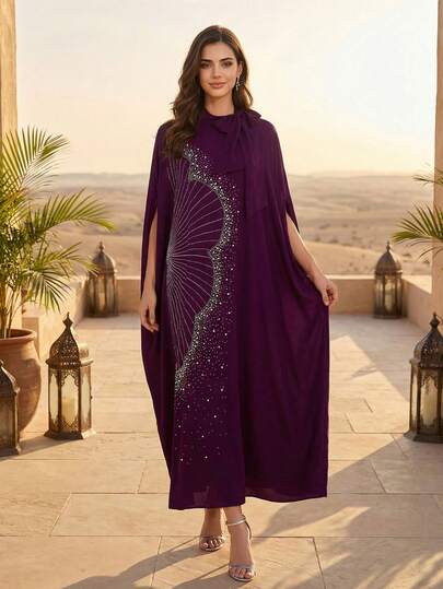 Women's Solid Color Flowy Collar, Front Panel With Embellished Beads And Pearls, Half Floral Shaped, Distinctive Arabic Abaya