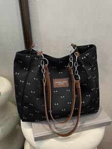 时尚条纹手提包 - 女士大容量单肩包 - 拉链托特包，适合日常使用 - 简约链条单肩托特包，适合青少年女孩、大学生、职场新人及白领，完美适用于办公室、工作、商务、通勤，是女士最佳工作包之选，闪亮图案 - 黑色 - 查看 7