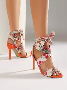 Floral Print Elegant Fashion Bowknot Criss-Cross Strap Party Wedding Banquet High Heel Pointed Toe Lace-Up Flower Sandals For Women - Multicolor - View 5