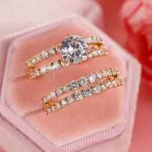 女士两件套铜戒指，优雅复古新娘叠戴戒指，镶嵌闪亮锆石，日常/婚礼首饰，情人节礼物 - 婚禮對戒9 - 查看 7