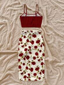 女士两件套，花卉印花，随机玫瑰花满版印花，波西米亚风优雅抽绳荷叶边下摆开衩，时尚休闲度假装 - 酒紅色 - 查看 6