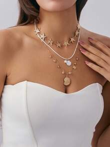 3pcs/Set Geometric Chain Starfish & Shell Pendant Necklace Set, Elegant Luxury Ocean Beach Holiday Party Casual Daily Wear Necklace Gift For Women, Couples, Birthday - Necklace - View 3