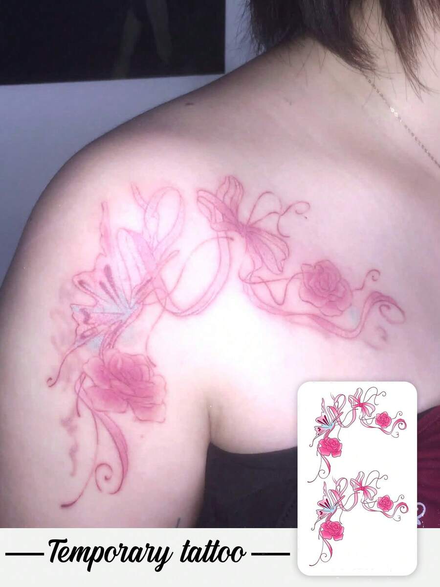 1 Piece Of Tattoo Sticker Temporary Tattoo Sticker, Y2K Style Butterfly Rose Flower Vine Pattern Waterproof And Sweatproof Washable Non-Reflective Arm And Shoulder Simulation Tattoo Suitable For Fashionable People And Can Last 3-5 Days - Multicolor - View 1