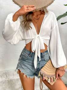 Women's Elegant Casual Solid Color Knotted Lantern Sleeve Lightweight Sunscreen Cover-Up, Summer White Spring - White - View 1
