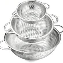 3pcs Stainless Steel Colander Set, Micro-Perforated Metal Strainer With Handle, Suitable For Kitchen Draining, Washing Noodles, Vegetables And Fruits - Double-eared Net Basket - View 14