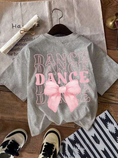 Girls' Butterfly Slogan Print Round Neck Short Sleeve T-Shirt, Casual Tee For Spring/Summer