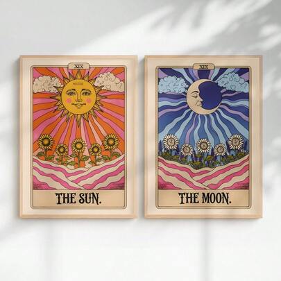 2pcs/Set Unframed Canvas Wall Arts Posters,"The Sun,The Moon"Boho Sun Moon Tarot Canvas Prints Poster,Retro Mystical Crescent Aesthetics Art Prints,For Living Room,Bedroom Decor,Ideal Wall Art Home Decor Poster Ramadan Gifts