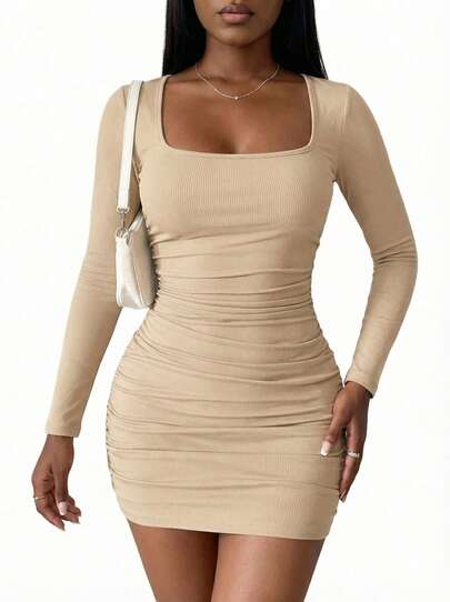 Blazique Autumn New Arrival Long Sleeve Ice Silk Dress, Square Neck Pleated Sexy Blue Bodycon Slip Dress