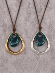 1pc Bohemian Gold & Silver Teardrop Alloy Necklace, Fashion Brown Wax Rope Long Chain, Elegant Resin Choker Necklace, Party Gift, Gift For Girlfriend/Mother - Resin - View 3