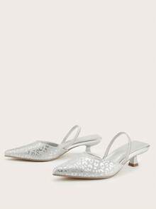 女士亮片细高跟鞋，豹纹尖头套脚凉鞋，优雅晚宴鞋，适合音乐节（随机裁剪） - 銀色 - 查看 4