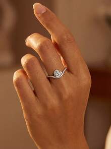 1pc S925 Sterling Silver Cubic Zirconia V-Shaped Semi-Circle Heart Ring, Exquisite & Unique, Jewelry Gift For Ladies To Attend Balls, Gatherings And Parties - V-shaped Micro-inlay Semi-circle - View 4