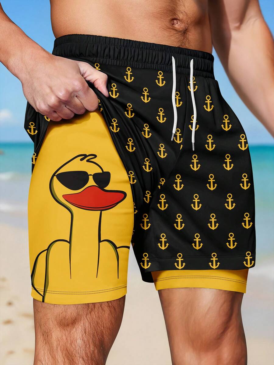 Quần short nam in hình mỏ neo, cạp chun, thoáng khí, thích hợp mặc đi biển, thiết kế 2 trong 1. - màu đen - Xem 1