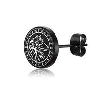 1 par de pendientes de acero inoxidable con diseño de tótem de lobo, pendientes grabados con láser y enchapados al vacío - Negro - Ver 3