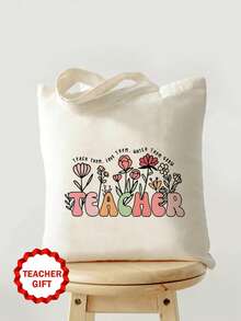 1件/2件/4件套，大容量教师主题帆布手提袋和便携式拉链铅笔盒收纳袋套装，附赠感谢卡和苹果钥匙扣帆布组合套装，返校季、毕业季、教师节必备礼物，多功能购物袋、书包、文具袋套装 - 米色 - 查看 50