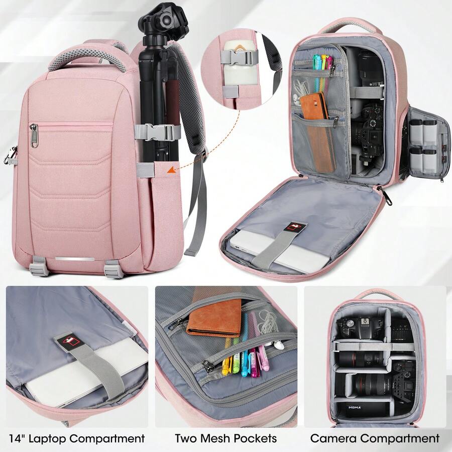 NEWHEY Mochila profesional impermeable y antirrobo para cámara DSLR de 14 pulgadas, bolsa para portátil, mochila de fotografía de gran capacidad, color rosa - Multicolor - Ver 1