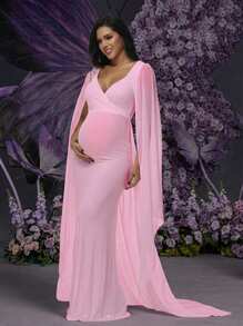 Irresista Váy voan tay bồng cho bà bầu có đuôi bồng bềnh cho tiệc mừng em bé chào đời, chụp ảnh - Hồng - Xem 1