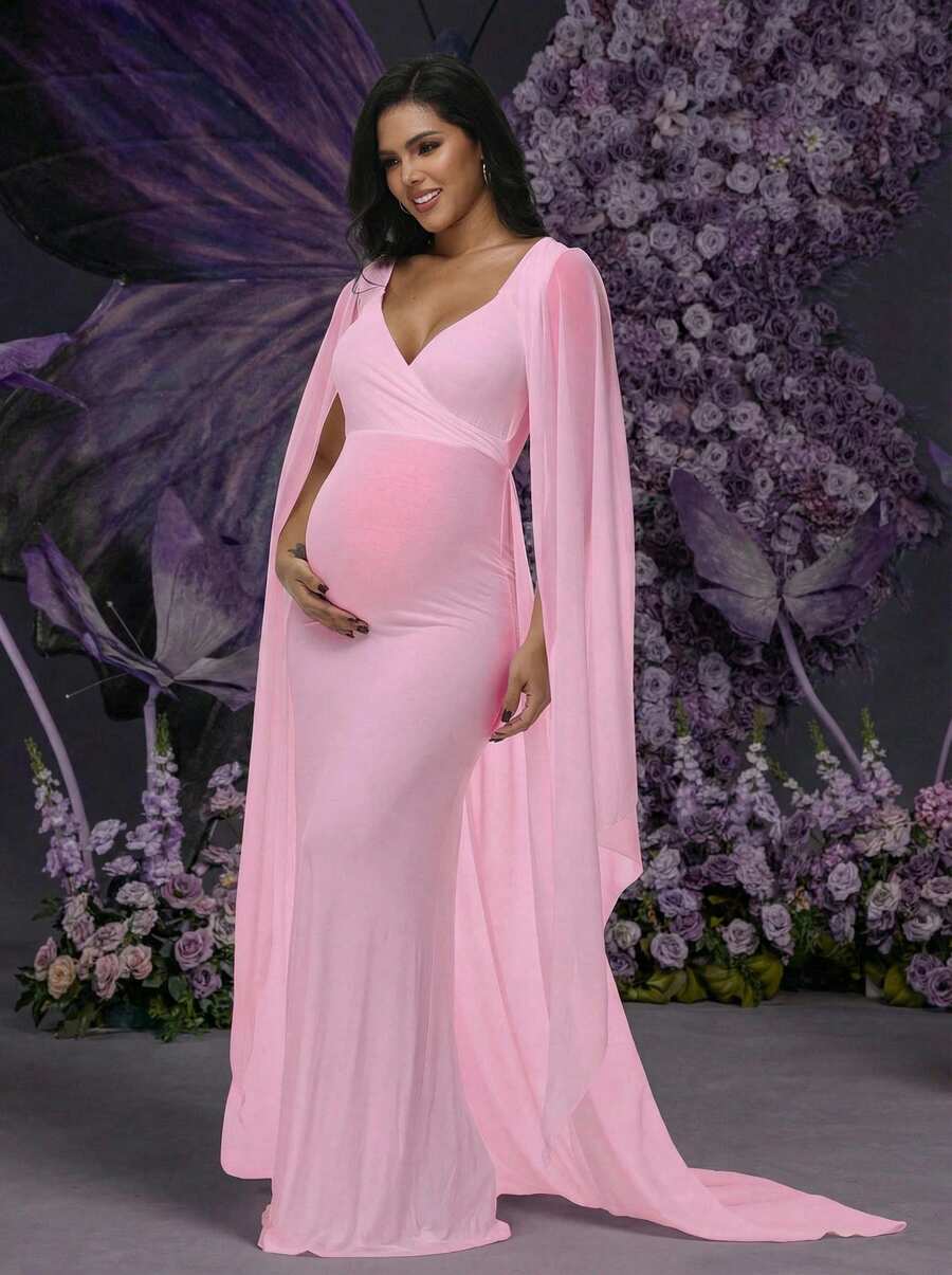 Irresista Váy voan tay bồng cho bà bầu có đuôi bồng bềnh cho tiệc mừng em bé chào đời, chụp ảnh - Hồng - Xem 1