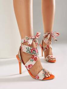 Floral Print Elegant Fashion Bowknot Criss-Cross Strap Party Wedding Banquet High Heel Pointed Toe Lace-Up Flower Sandals For Women - Multicolor - View 2