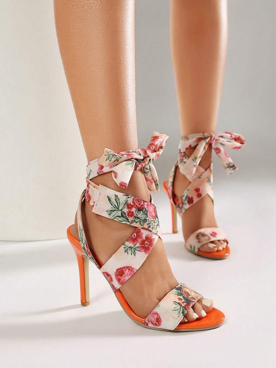 Floral Print Elegant Fashion Bowknot Criss-Cross Strap Party Wedding Banquet High Heel Pointed Toe Lace-Up Flower Sandals For Women