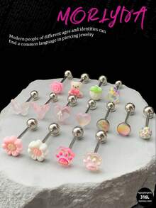 5pcs/Set Cute Sweet Pink Tongue Rings Flower Butterfly Bear Tongue Nail 14G Stainless Steel Star Heart Tongue Stud Tongue Jewelry Strawberry Tongue Barbell Ring Skull Tongue Piercing Jewelry For Women Girls Valentine's Day Gift Party Vacation Daily Wear Piercing Body Jewelry - Pink - View 2