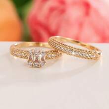 2 Pieces Copper Ring Set For Women, Elegant Retro Bridal Layering Ring With Sparkling Zirconia, Daily/Wedding Jewelry, Valentine's Day Gift - Wedding Rings 6 - View 8