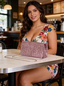 Bolsas Bolsa clutch festa listrada enrugada ondulada glitter carteiro caixinha transversal alça corrente cadeia clutch prateado que cabe celular Pode ser usado como clutch ou bolsa transversal clutch com alça removível - Aleatório - Visão 8