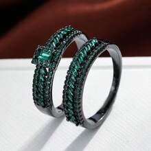 女士两件套铜戒指，优雅复古新娘叠戴戒指，镶嵌闪亮锆石，日常/婚礼首饰，情人节礼物 - 婚禮對戒7 - 查看 24