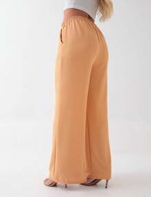 Women's Wide-Leg Pants In Duna Fabric With Elastic Waistband, Loose Fit, With Pockets, Summer, Spring, Casual, Simple, Vacation Style - Màu be vàng - Xem 4