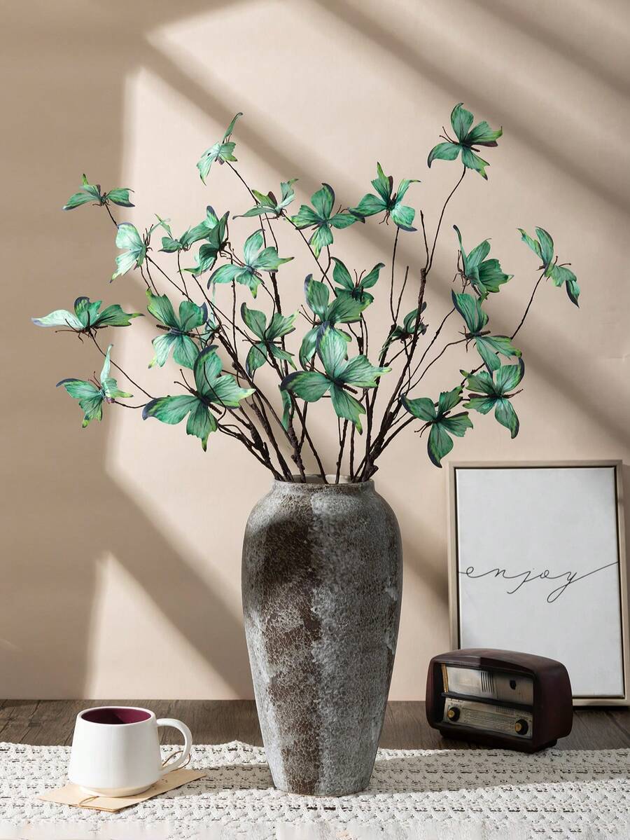 MEHELANY 6/2支 2.5英尺绿色人造蝴蝶花茎，逼真仿真蝴蝶长茎，适用于秋季桌面装饰、万圣节、婚礼、派对、户外花园装饰、DIY花环、餐桌摆饰和家居装饰、感恩节装饰、秋季派对装饰、人造花、秋季花环 - 綠色 - 查看 1