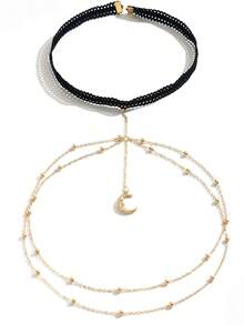 1件性感时尚弹力珍珠链金属月亮和人物吊坠流苏大腿链，适合女性日常和派对穿着 - 彩色 - 查看 3