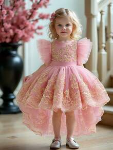 Baby Girls' Round Neck Embroidered Butterfly Back Bow Cute Wedding Flower Girl Trailing Dress, Suitable For Birthday Party, Outing, Does Not Include Headband - Dusty Pink - View 5